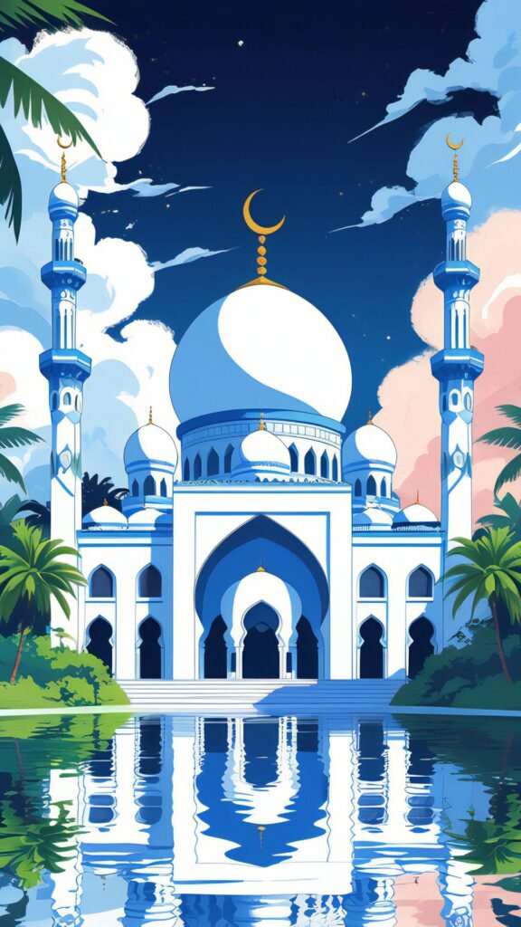 Digital illustration of a grand white mosque with blue accents, surrounded by palm trees and a reflective water body under a dreamy sky