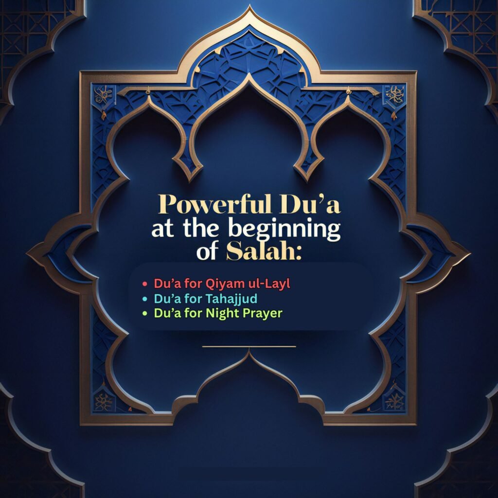 Islamic geometric midnight blue and gold background with English du'a text for beginning Salah from authentic hadith