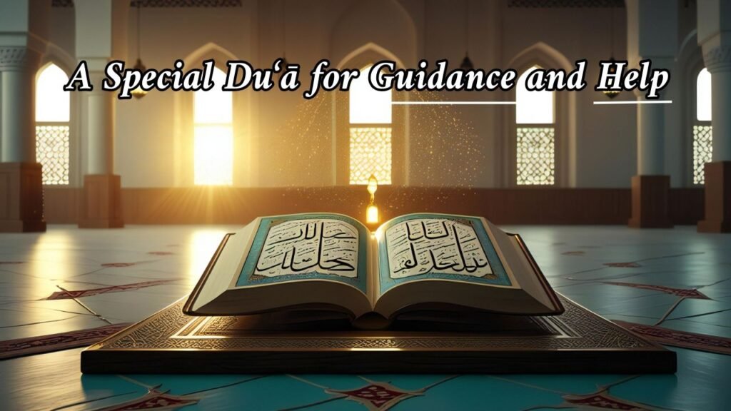 Open Qur’an on a wooden stand in a mosque with sunlight shining, symbolizing a special dua for guidance and help.