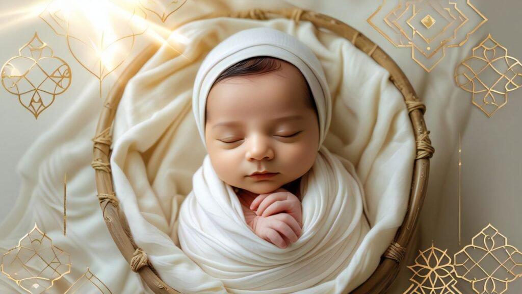 A serene Islamic-themed illustration of a newborn baby wrapped in white cloth, lying in a cradle with golden light and Islamic geometric patterns in the background.