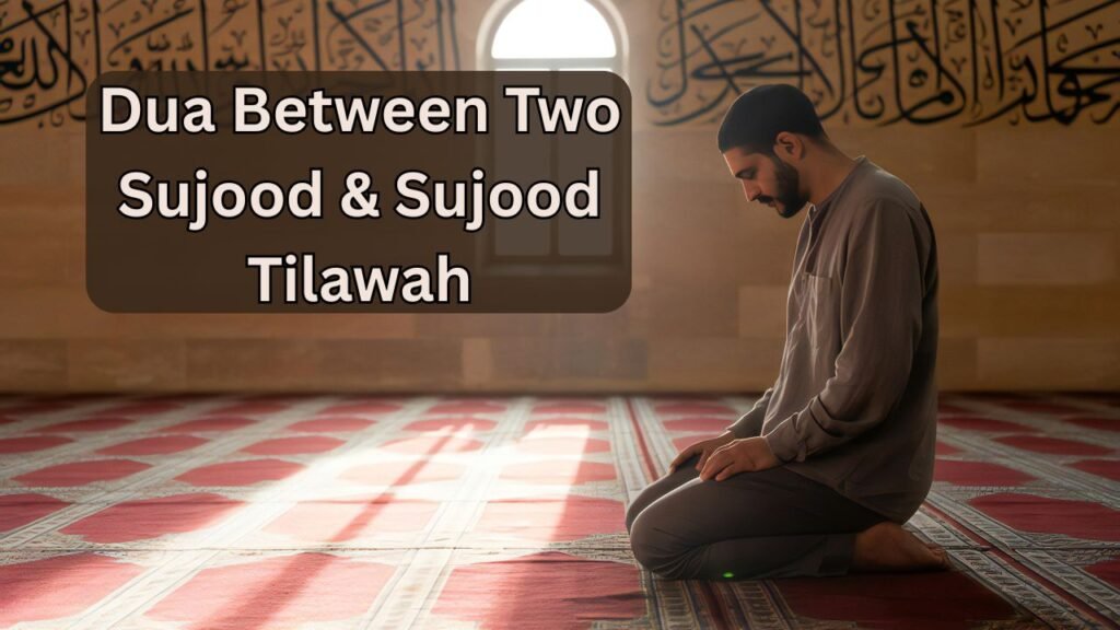 Muslim man praying in a mosque, reciting dua between two sujood and sujood tilawah, with Arabic calligraphy in the background.