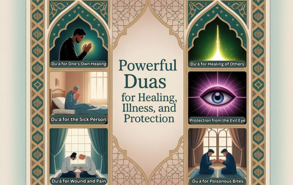 Islamic healing illustration featuring six sections with modern Islamic art: dua for sickness, evil eye protection, pain relief, healing others, fever, and poisonous bites with geometric patterns in gold and green