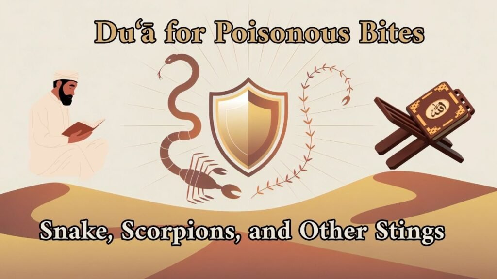 Islamic illustration showing a man reading Qur’an with symbols of a snake, scorpion, and stinger, with a shield representing protection and healing