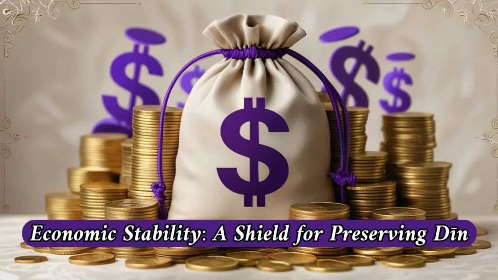 Muslim youth studying Islamic guidance and planning economic stability to protect their Deen, balancing education, family pressure, and career growth.