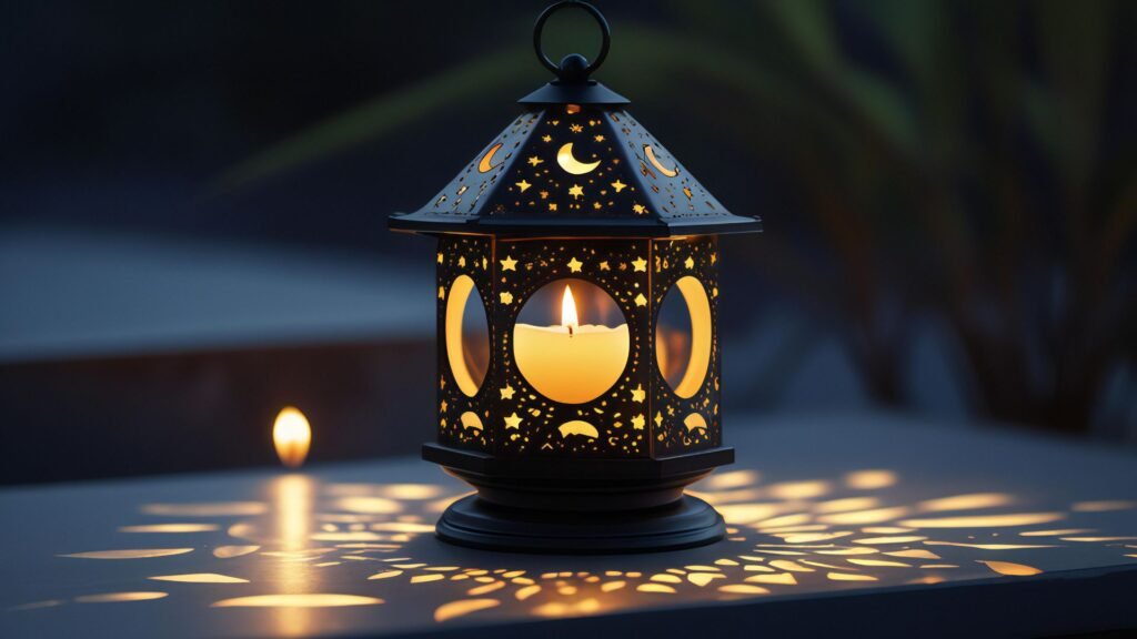 Black metal lantern with star and moon cutouts glowing with warm candlelight in a peaceful outdoor setting