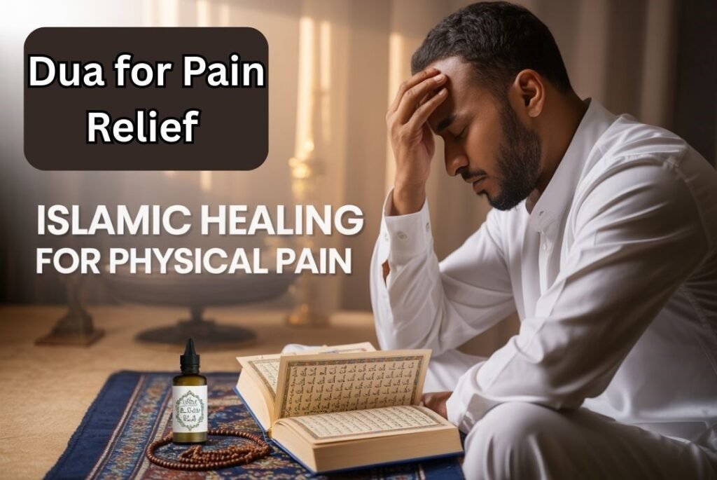 Man in white traditional attire sitting indoors, reading an Arabic book and text saying Dua for Pain Relief – Islamic Healing for Physical Pain.