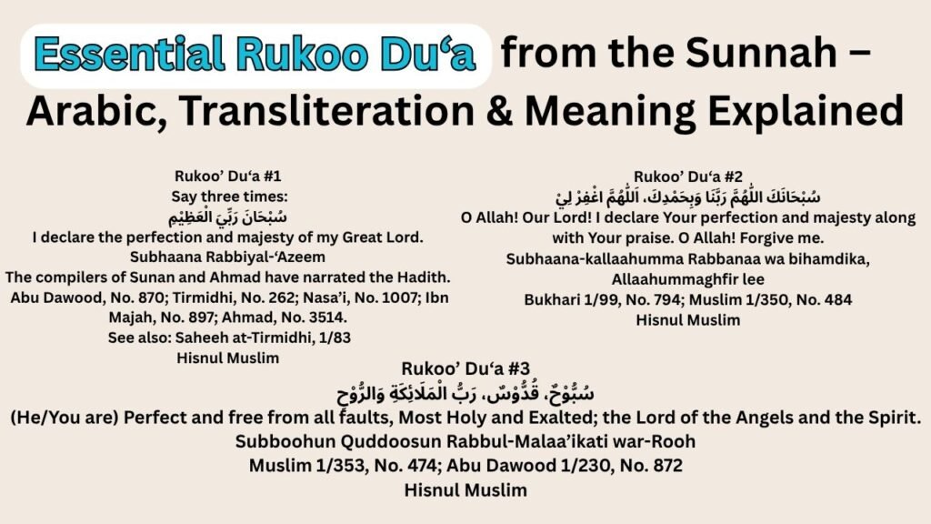 Arabic calligraphy of the Rukoo’ Du‘a from Salah, beautifully styled on an elegant background