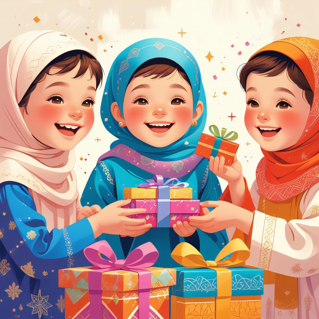 Three smiling children in vibrant traditional clothing and headscarves exchanging brightly wrapped gifts against a festive background with confetti