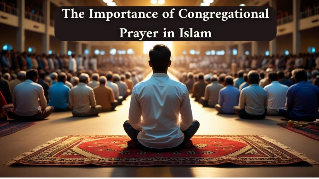 Muslim men performing congregational prayer in a mosque, highlighting the unity and importance of Salah in congregation.