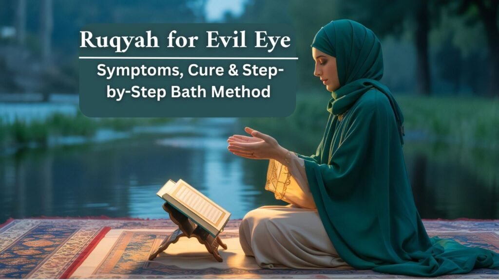 A peaceful Islamic healing scene of Ruqyah for Evil Eye, showing a person with the Qur’an, golden light, water symbolizing Ruqyah bath, and Arabic calligraphy of Ayat al-Kursi and Four Quls.
