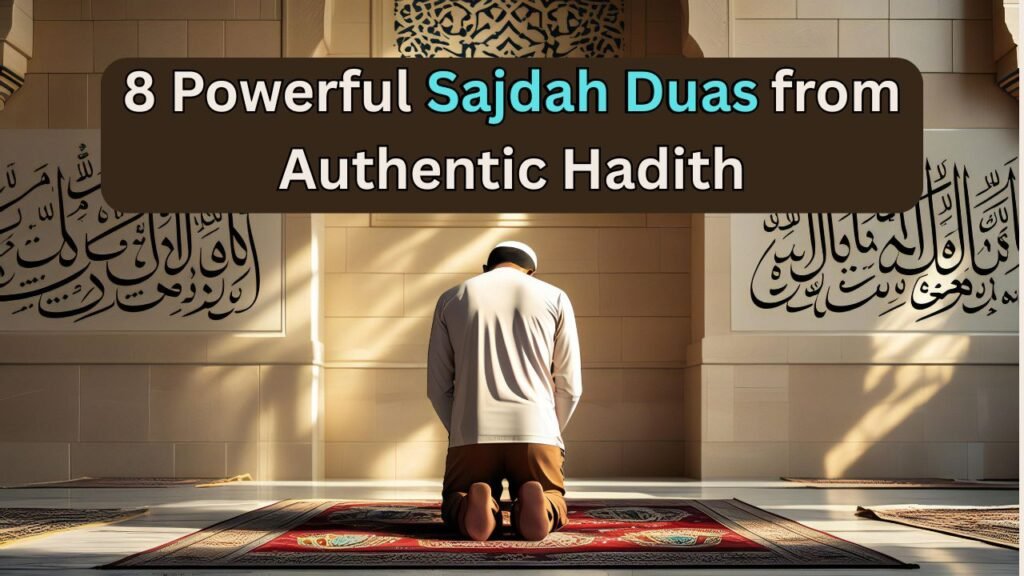A man in sajdha and Arabic calligraphy of Sajdah Duas with English translation from authentic hadith