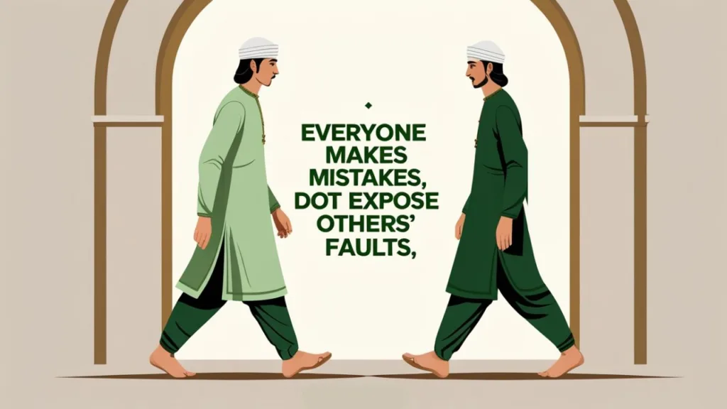 Illustration of two Muslim men in traditional attire walking in opposite directions with text “Everyone Makes Mistakes, Do Not Expose Others’ Faults” in the center.