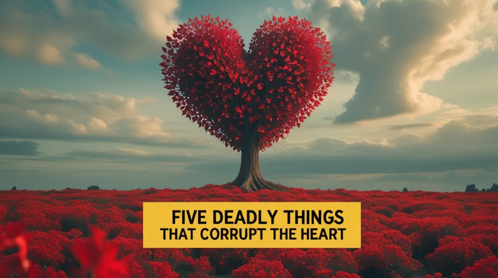 A surreal digital artwork showing a heart-shaped red tree standing in a vast red field under a dramatic cloudy sky, symbolizing the concept of a pure or corrupted heart in Islam.