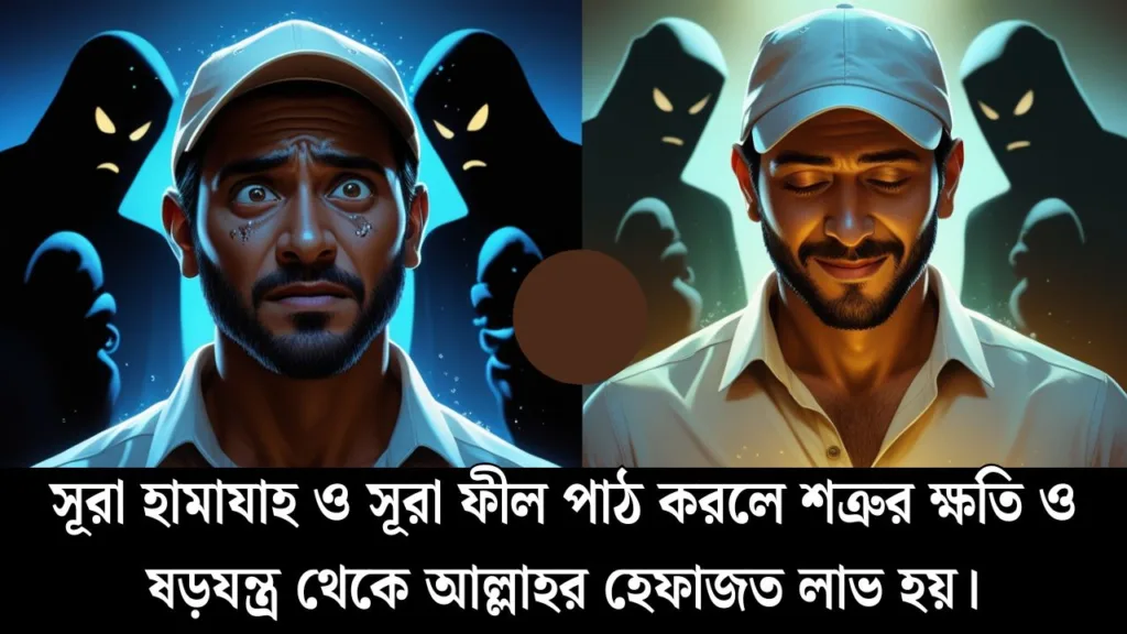 Digital illustration showing a man transforming from fear to peace. On the left, he looks anxious surrounded by dark shadowy figures, and on the right, he is calm and illuminated by golden light while reading an open book, symbolizing Allah’s protection from enemies and conspiracies.