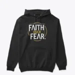 Minimalist Islamic T-shirt design with the quote “Faith Over Fear” in bold modern typography on a clean background