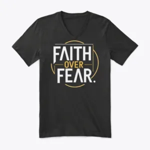 Minimalist Islamic T-shirt design with the quote “Faith Over Fear” in bold modern typography on a clean background