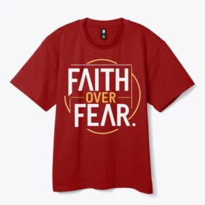 Minimalist Islamic T-shirt design with the quote “Faith Over Fear” in bold modern typography on a clean background
