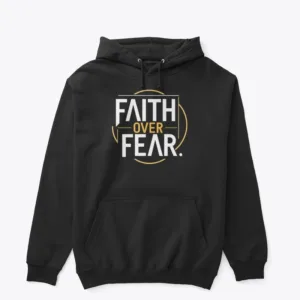 Minimalist Islamic T-shirt design with the quote “Faith Over Fear” in bold modern typography on a clean background