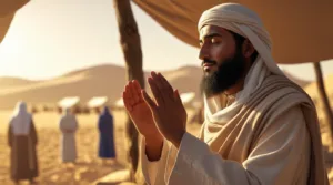 An illustration of Prophet Musa (Moses) عليه السلام humbly raising his hands in prayer, saying “I seek refuge in Allah from being among the ignorant,” with a golden desert background, Israelites in the distance, and Arabic calligraphy of the verse in the sky.