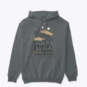 Motivational Wudu-inspired T-shirt design featuring symbolic water elements and hand silhouettes, without any human face, highlighting the message ‘Purify Your Heart. Begin with Wudu.’ in a clean, modern style.