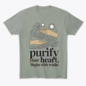 Motivational Wudu-inspired T-shirt design featuring symbolic water elements and hand silhouettes, without any human face, highlighting the message ‘Purify Your Heart. Begin with Wudu.’ in a clean, modern style.