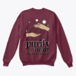 Motivational Wudu-inspired T-shirt design featuring symbolic water elements and hand silhouettes, without any human face, highlighting the message ‘Purify Your Heart. Begin with Wudu.’ in a clean, modern style.