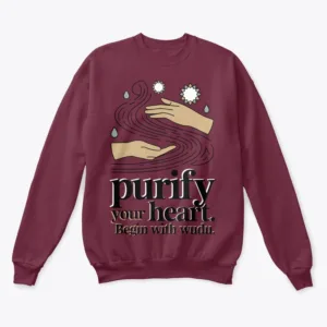 Motivational Wudu-inspired T-shirt design featuring symbolic water elements and hand silhouettes, without any human face, highlighting the message ‘Purify Your Heart. Begin with Wudu.’ in a clean, modern style.