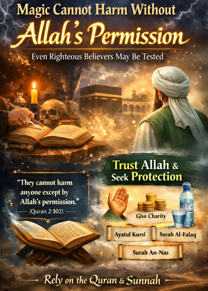 Islamic illustration explaining that magic or sihr cannot harm anyone without Allah’s permission, featuring Quran, Kaaba, and spiritual protection through Ayatul Kursi, Surah Al-Falaq, and Surah An-Nas.