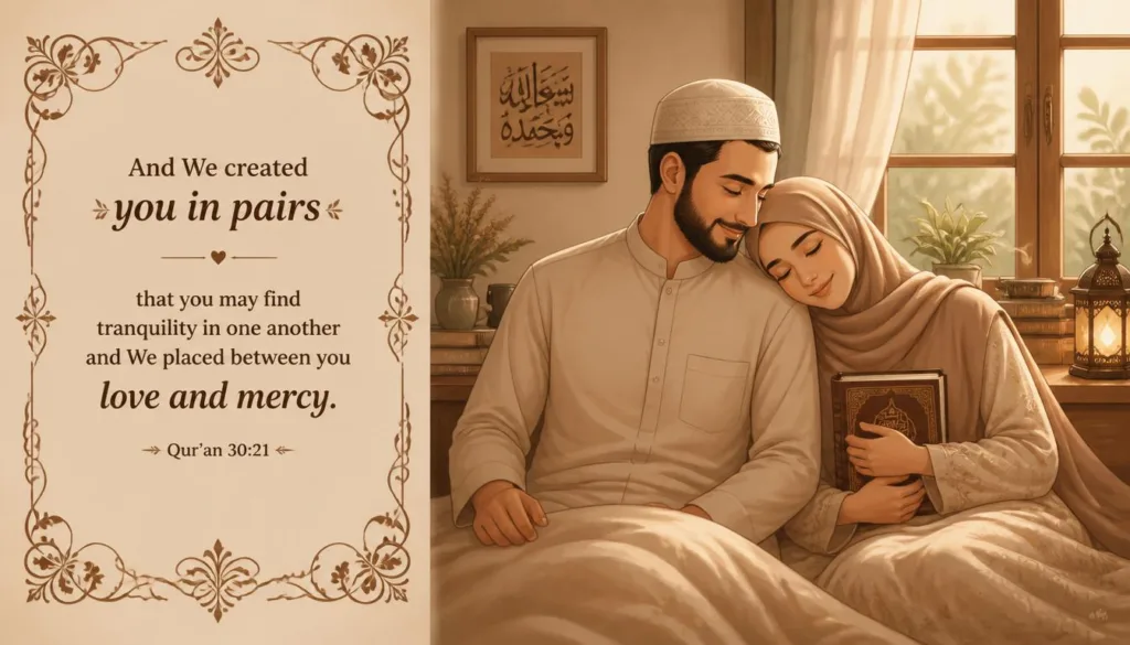 A Muslim husband and wife sitting together peacefully at home, symbolizing love, mercy, and tranquility (sukoon) in a righteous Islamic marriage